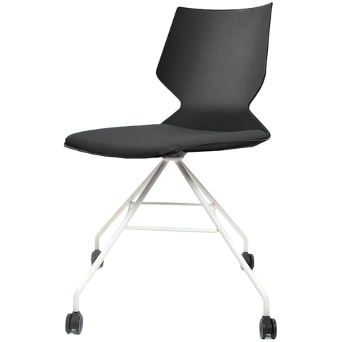 Fly Chair By Claudio Bellini With Black Shell And Custom Upholstered Seat Pad On White Swivel Frame, Viewed From Angle In Front