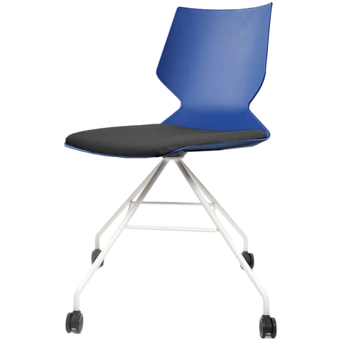 Fly Chair By Claudio Bellini With Blue Shell And Custom Upholstered Seat Pad On White Swivel Frame, Viewed From Angle In Front