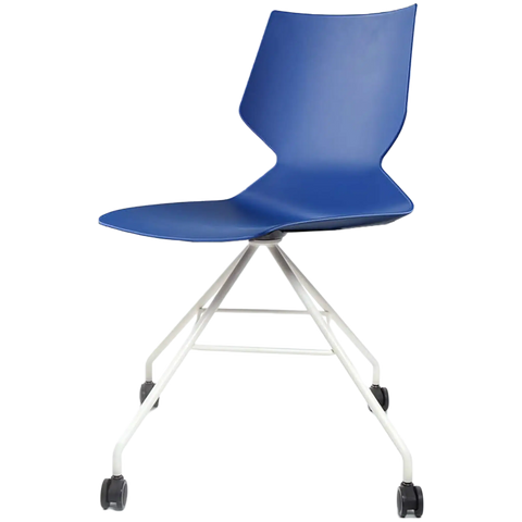 Fly Chair By Claudio Bellini With Blue Shell On White Swivel Frame, Viewed From Angle In Front