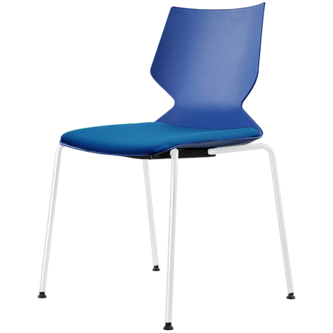 Fly Chair By Claudio Bellini With Blue Shell With Custom Seat Pad On White 4 Leg Frame, Viewed From Angle In Front