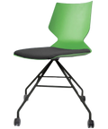 Fly Chair By Claudio Bellini With Green Shell And Custom Upholstered Seat Pad On Black Swivel Frame, Viewed From Angle In Front