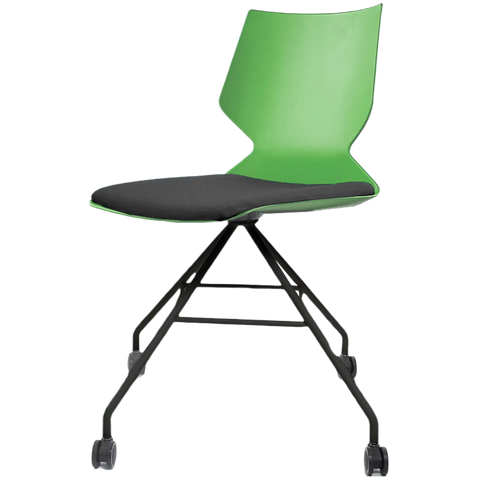 Fly Chair By Claudio Bellini With Green Shell And Custom Upholstered Seat Pad On Black Swivel Frame, Viewed From Angle In Front