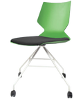 Fly Chair By Claudio Bellini With Green Shell And Custom Upholstered Seat Pad On White Swivel Frame, Viewed From Angle In Front