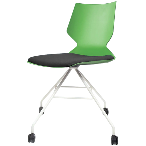 Fly Chair By Claudio Bellini With Green Shell And Custom Upholstered Seat Pad On White Swivel Frame, Viewed From Angle In Front