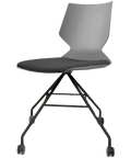 Fly Chair By Claudio Bellini With Light Grey Shell And Custom Upholstered Seat Pad On Black Swivel Frame, Viewed From Angle In Front