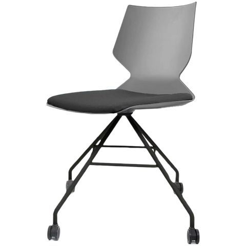 Fly Chair By Claudio Bellini With Light Grey Shell And Custom Upholstered Seat Pad On Black Swivel Frame, Viewed From Angle In Front