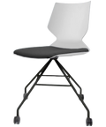 Fly Chair By Claudio Bellini With White Shell And Custom Upholstered Seat Pad On Black Swivel Frame, Viewed From Angle In Front