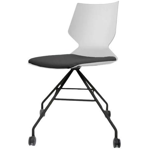 Fly Chair By Claudio Bellini With White Shell And Custom Upholstered Seat Pad On Black Swivel Frame, Viewed From Angle In Front