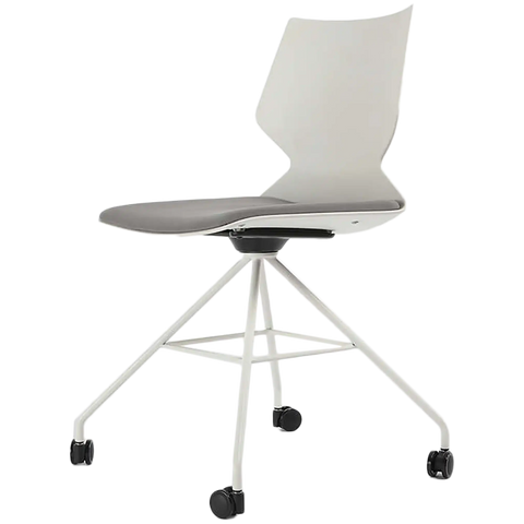 Fly Chair By Claudio Bellini With White Shell With Light Grey Seat Pad On White Swivel Frame, Viewed From Angle In Front