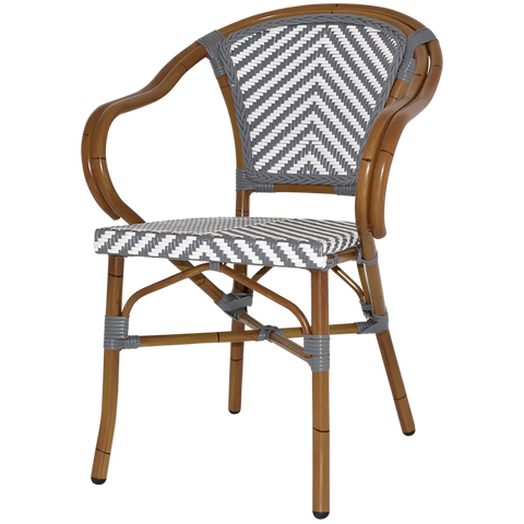Jasmine Armchair With Chevron Pattern In Grey And White, Viewed From Angle In Front