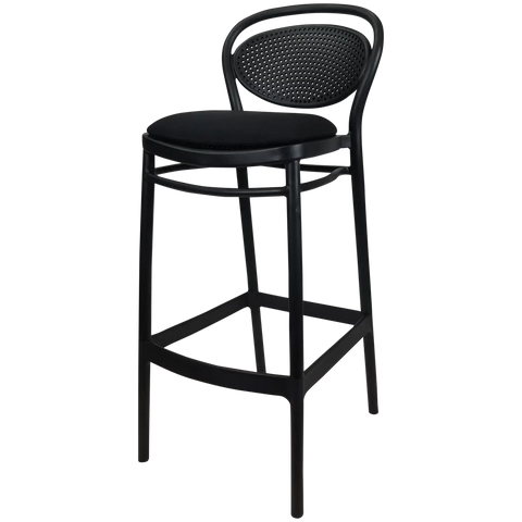 Marcel Bar Stool By Siesta In Black With Black Seat Pad, Viewed From Angle