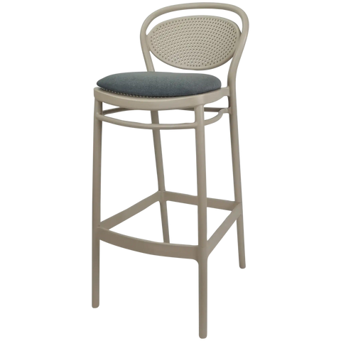 Marcel Bar Stool By Siesta In Taupe With Anthracite Seat Pad, Viewed From Angle