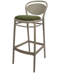 Marcel Bar Stool By Siesta In Taupe With Olive Green Seat Pad, Viewed From Angle