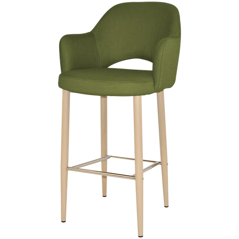 Mulberry Arm Bar Stool With Custom Upholstery And Birch Metal 4 Leg Frame, Viewed From Angle In Front