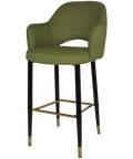 Mulberry Arm Bar Stool With Custom Upholstery And Black With Brass Tips Metal 4 Leg Frame, Viewed From Angle In Front