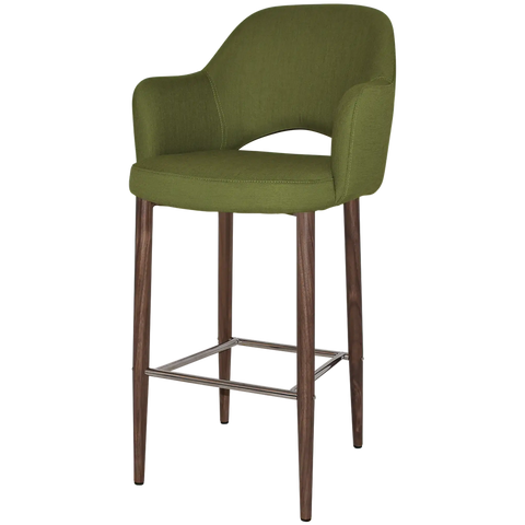 Mulberry Arm Bar Stool With Custom Upholstery And Light Walnut Metal 4 Leg Frame, Viewed From Angle In Front