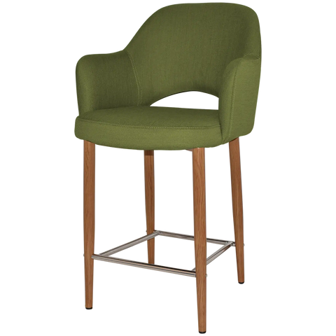 Mulberry Arm Counter Stool With Custom Upholstery And Light Oak Metal 4 Leg Frame, Viewed From Angle In Front