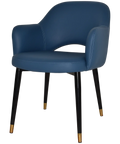 Mulberry Armchair Black With Brass Tip Metal 4 Leg With Blue Vinyl Shell, Viewed From Front Angle