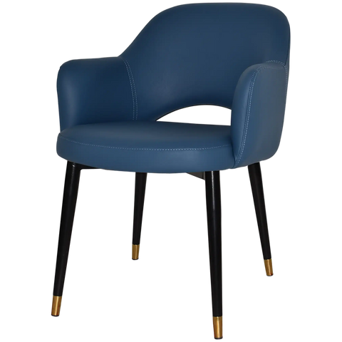 Mulberry Armchair Black With Brass Tip Metal 4 Leg With Blue Vinyl Shell, Viewed From Front Angle