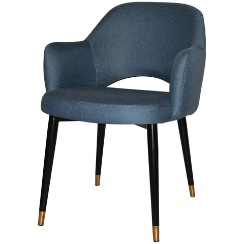 Mulberry Armchair Black With Brass Tip Metal 4 Leg With Gravity Denim Shell, Viewed From Front Angle