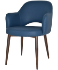 Mulberry Armchair Light Walnut Metal 4 Leg With Blue Vinyl Shell, Viewed From Front Angle