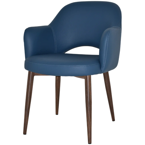 Mulberry Armchair Light Walnut Metal 4 Leg With Blue Vinyl Shell, Viewed From Front Angle