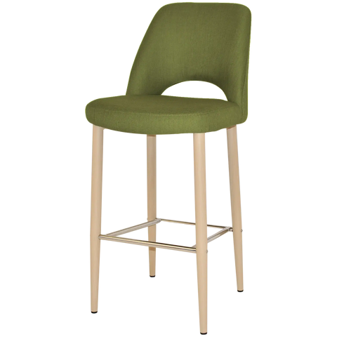 Mulberry Bar Stool With Custom Upholstery And Birch Metal 4 Leg Frame, Viewed From Angle In Front