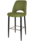 Mulberry Bar Stool With Custom Upholstery And Black Metal 4 Leg Frame, Viewed From Angle In Front