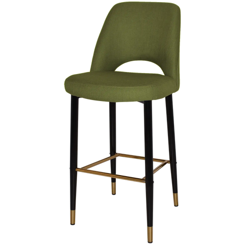 Mulberry Bar Stool With Custom Upholstery And Black With Brass Tips Metal 4 Leg Frame, Viewed From Angle In Front