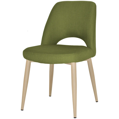 Mulberry Chair With Custom Upholstery And Birch Metal 4 Leg Frame, Viewed From Front Angle