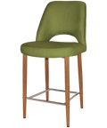 Mulberry Counter Stool With Custom Upholstery And Light Oak Metal 4 Leg Frame, Viewed From Angle In Front