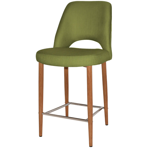 Mulberry Counter Stool With Custom Upholstery And Light Oak Metal 4 Leg Frame, Viewed From Angle In Front