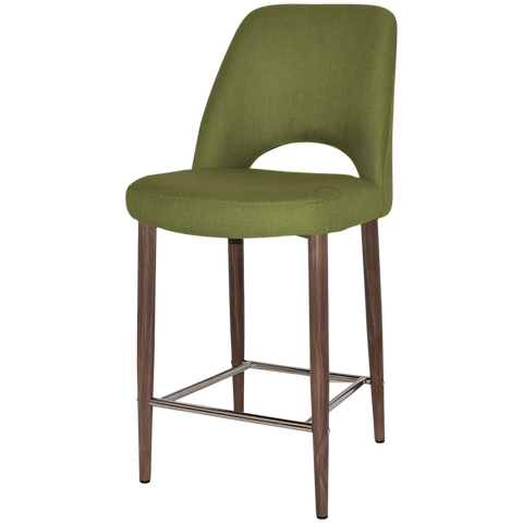 Mulberry Counter Stool With Custom Upholstery And Light Walnut Metal 4 Leg Frame, Viewed From Angle In Front