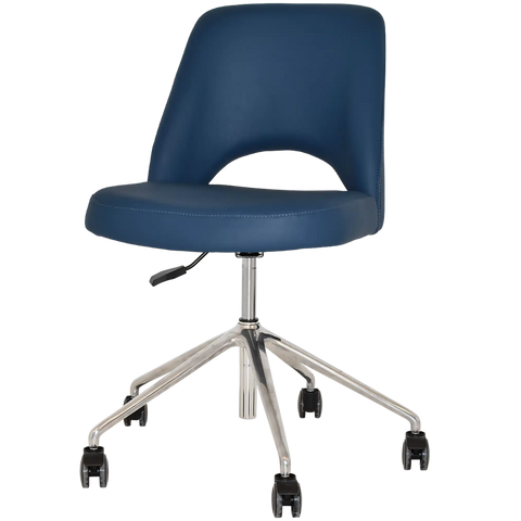Mulberry Side Chair 5 Way Aluminium Office Base On Castors With Blue Vinyl Shell, Viewed From Angle In Front
