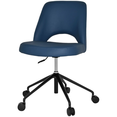 Mulberry Side Chair 5 Way Black Office Base On Castors With Blue Vinyl Shell, Viewed From Angle In Front