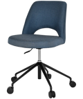 Mulberry Side Chair 5 Way Black Office Base On Castors With Gravity Denim Shell, Viewed From Angle In Front