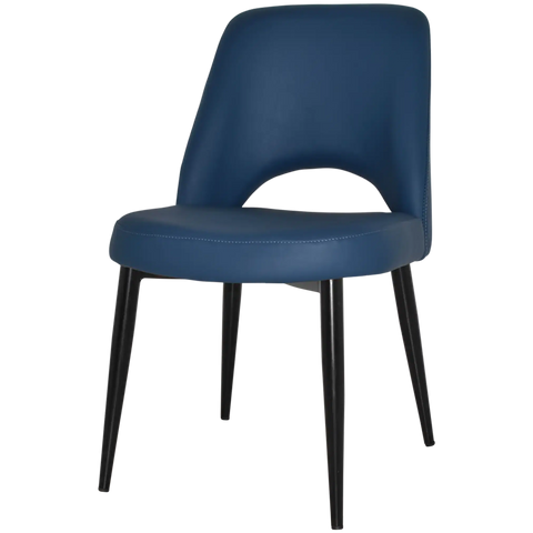 Mulberry Side Chair Black Metal 4 Leg With Blue Vinyl Shell, Viewed From Angle In Front