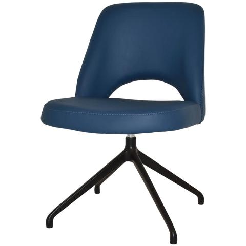 Mulberry Side Chair Black Trestle With Blue Vinyl Shell, Viewed From Angle In Front