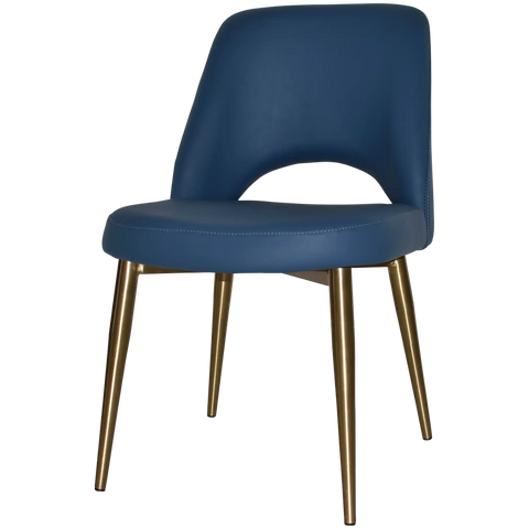 Mulberry Side Chair Brass Metal 4 Leg With Blue Vinyl Shell, Viewed From Angle In Front