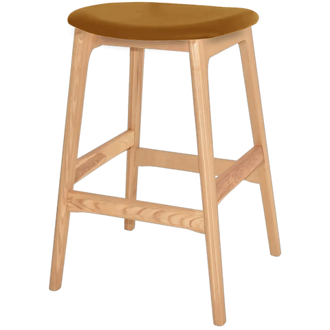 Pamona Bar Stool In Natural With Custom Upholstered Seat, Viewed From Angle In Front