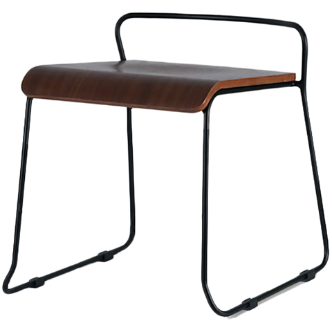 Piper Low Stool With Walnut Seat And Black Sled Frame, Viewed From Angle In Front