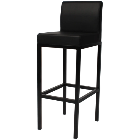 Quentin Bar Stool With Backrest With Black Frame And Black Vinyl Upholstery, Viewed From Angle In Front