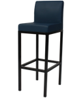 Quentin Bar Stool With Backrest With Black Frame And Blue Vinyl Upholstery, Viewed From Angle In Front