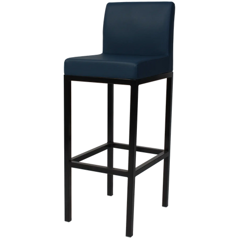 Quentin Bar Stool With Backrest With Black Frame And Blue Vinyl Upholstery, Viewed From Angle In Front