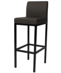 Quentin Bar Stool With Backrest With Black Frame And Charcoal Vinyl Upholstery, Viewed From Angle In Front
