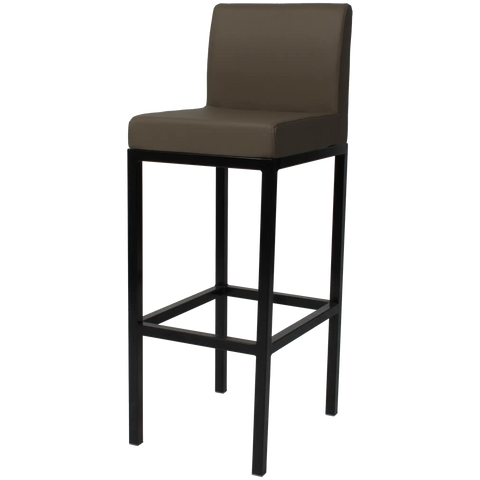 Quentin Bar Stool With Backrest With Black Frame And Taupe Vinyl Upholstery, Viewed From Angle In Front