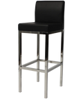 Quentin Bar Stool With Backrest With Stainless Steel Frame And Black Vinyl Upholstery, Viewed From Angle In Front