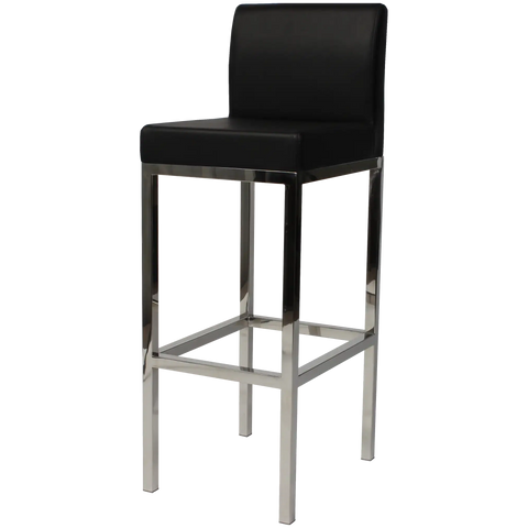 Quentin Bar Stool With Backrest With Stainless Steel Frame And Black Vinyl Upholstery, Viewed From Angle In Front