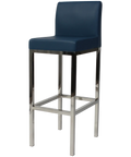 Quentin Bar Stool With Backrest With Stainless Steel Frame And Blue Vinyl Upholstery, Viewed From Angle In Front