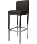 Quentin Bar Stool With Backrest With Stainless Steel Frame And Charcoal Vinyl Upholstery, Viewed From Angle In Front